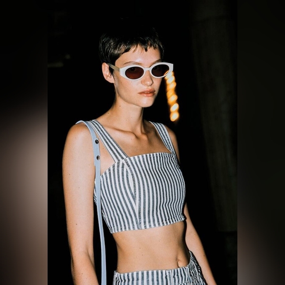 ZARA Thick Strap Striped Denim Crop Top - Picture 2 of 8